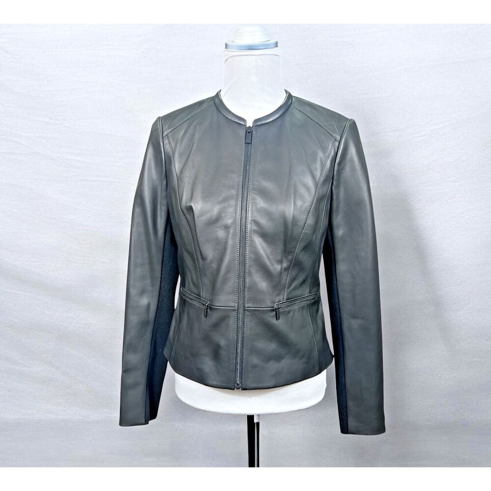 Emerson Rose Women’s S Jacket Black Faux Leather Knit Round Collar Zip Pockets